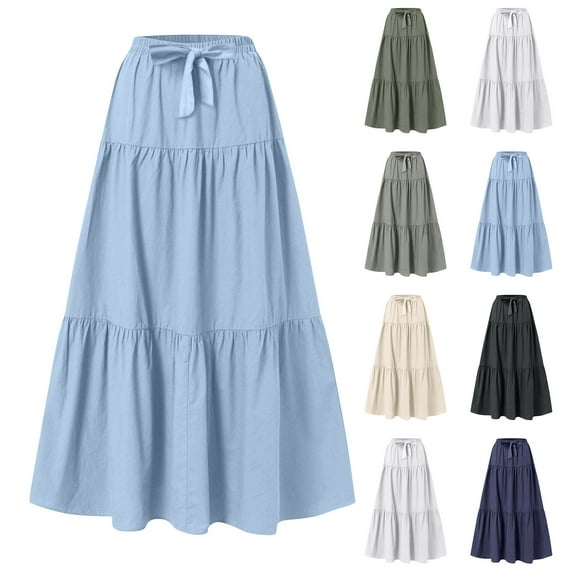 Horkkom Maxi Skirts for Women High Waist Solid Color Pleated Skirts Summer Causal A Line Skirt XXL