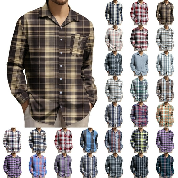 Horkkom Mens Flannel Shirts Long Sleeve Plaid Printed Button Down Shirt Casual Thin Western Shirts with Pocket, Gifts for Men XL, Gifts for Men