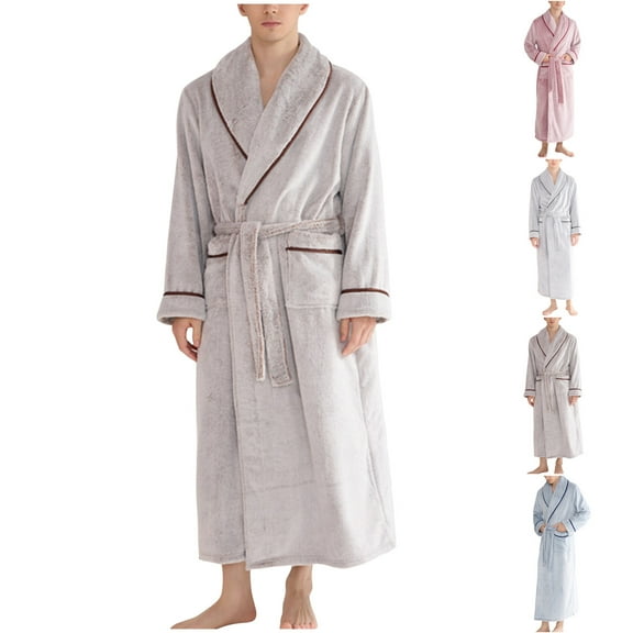 Horkkom Mens Robe Fleece Fuzzy with Pockets Bathrobe Winter Warm Soft Tie House Coat L, Gifts for Men