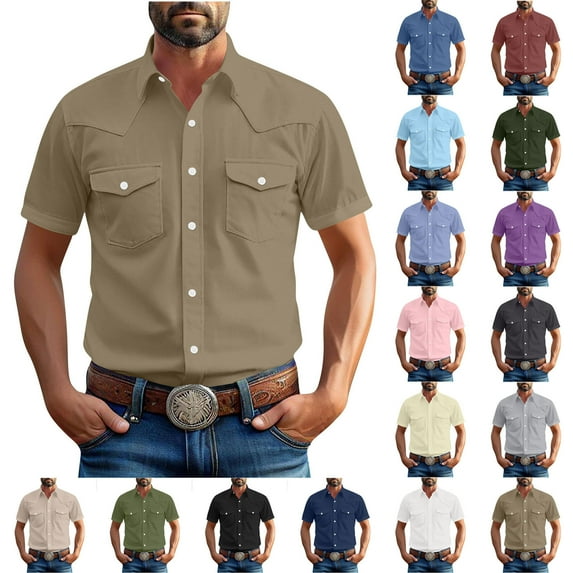 Horkkom Mens Short Sleeve Button Down Shirts Summer Work Dress Shirts Solid Color Casual Shirt with Pockets 3XL, Gifts for Men