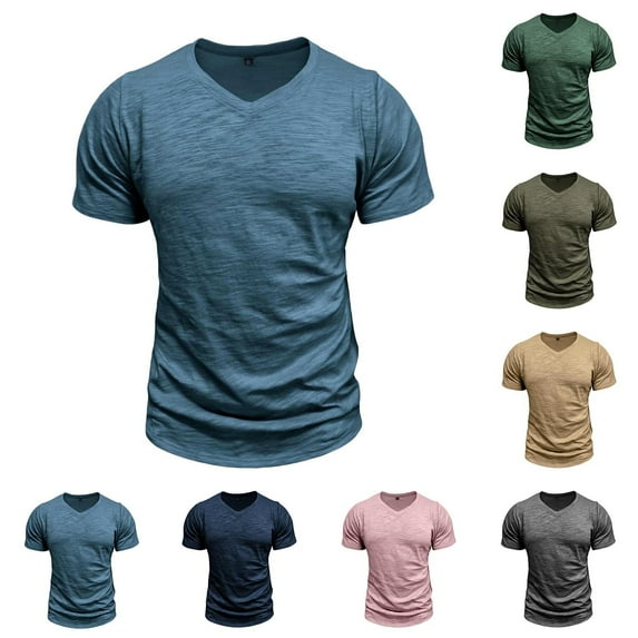 Horkkom Mens T-Shirts Cotton V Neck Solid Color Short Sleeve Shirts Summer Comfy Casual Shirts S