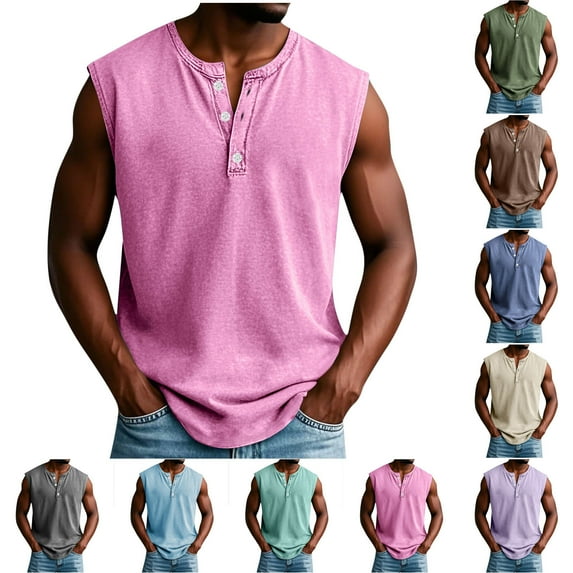 Horkkom Mens Tank Tops Summer V Neck Sleeveless Shirts Casual Vacation Beach Button Down Shirts, Gifts for Men L
