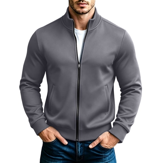 Horkkom Mens Zip Up Sweatshirt Solid Color Mock Neck Jackets Comfort Casual Trendy Sweatshirts with Pockets XXXL
