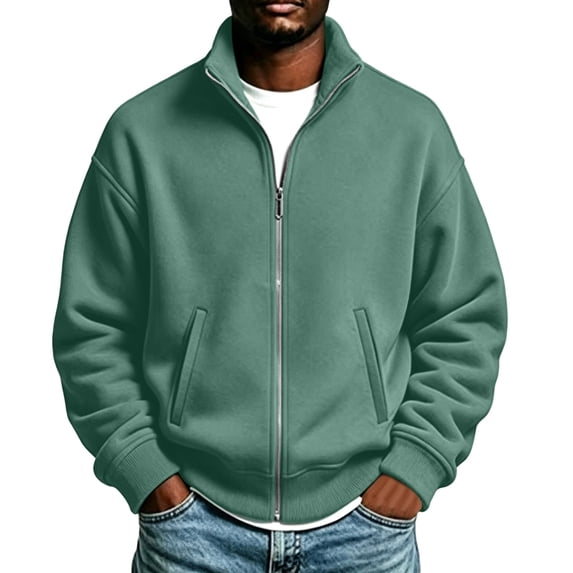 Horkkom Mens Zip Up Sweatshirt Solid Color Mock Neck Loose Sweatshirt Fashion Casual Fall Jackets with Pockets L