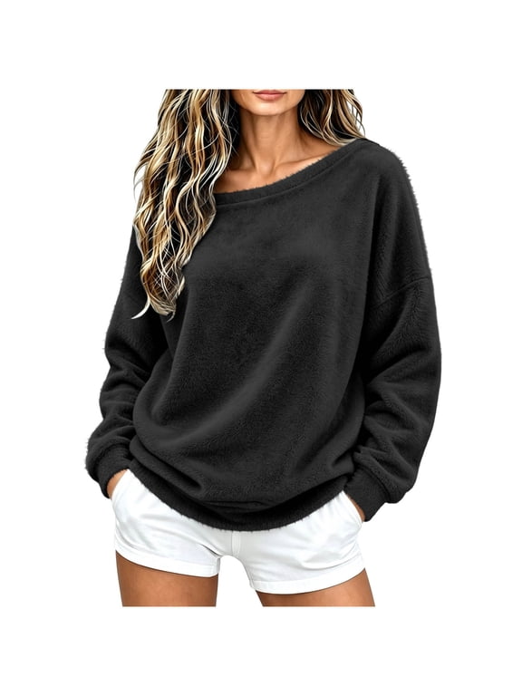 Off Shoulder Tops for Women Solid Color Fuzzy Pullover Sweatshirt Loose Comfy Sweatshirt S
