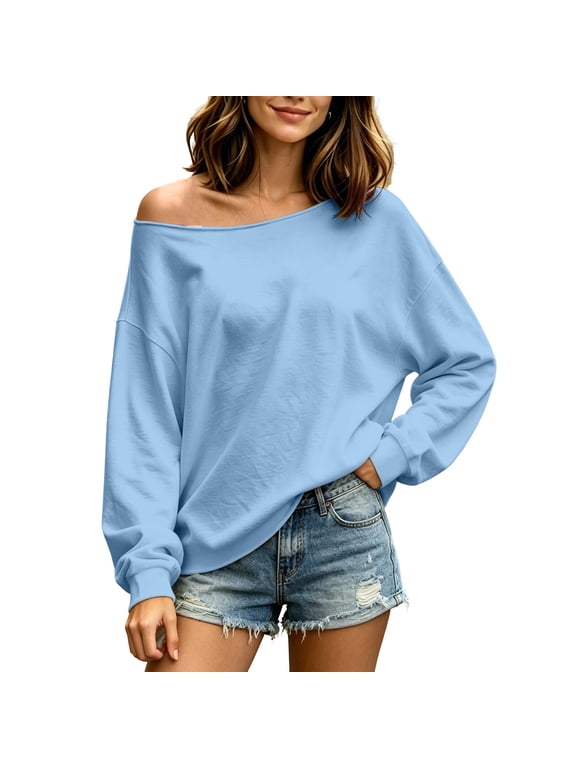Off Shoulder Tops for Women Solid Color Long Sleeve Pullover Top Loose Casual Sweatshirt L