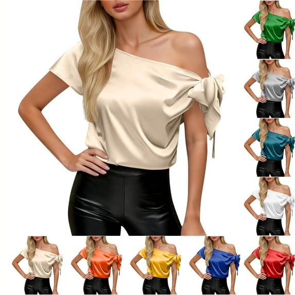 Horkkom Off The Shoulder Tops for Women Short Sleeve Silk Blouse Summer Cusual Solid Color Satin Tops L