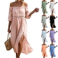 thumbnail image 1 of Horkkom Off the Shoulder Dresses for Women Short Sleeve Solid Color Summer Dresses Flowy Casual Maxi Dresses, S-3XL, 1 of 8