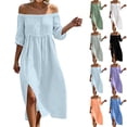 thumbnail image 1 of Horkkom Off the Shoulder Dresses for Women Solid Color Short Sleeve Maxi Dresses Summer Loose Flowy Dresses, S-3XL, 1 of 8