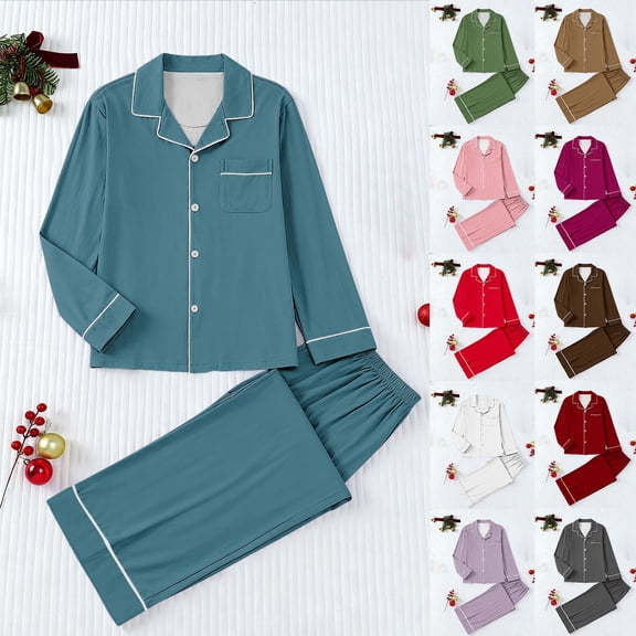 Horkkom Pajamas for Women Set 2 Piece Long Sleeve Button Dowm Shirts with Pocket Elastic Waist Pants Lounge Sets Loose Casual Pjs Sets L