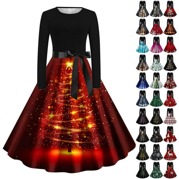 Horkkom Party Dresses for Women Christmas Tree Print Long Sleeve A Line Dresses Xmas Holiday Zipper Bow Maxi Dress S