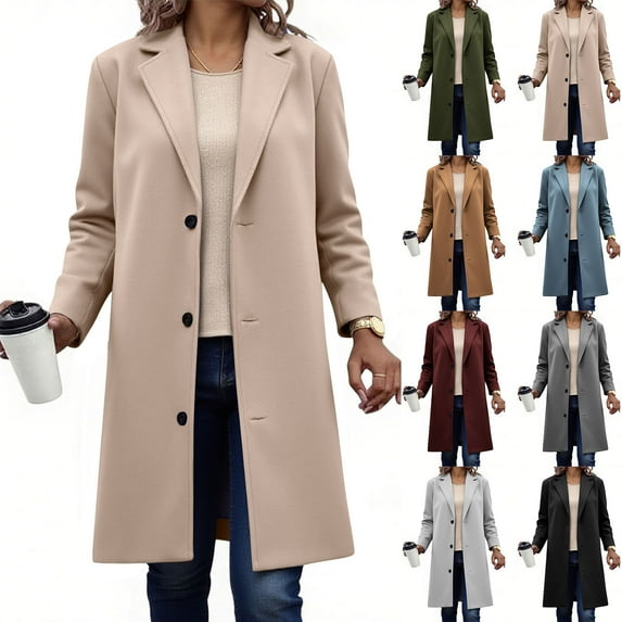 Horkkom Pea Coats for Women Button Down Long Winter Coats Solid Color Loose Fleece Jacket L