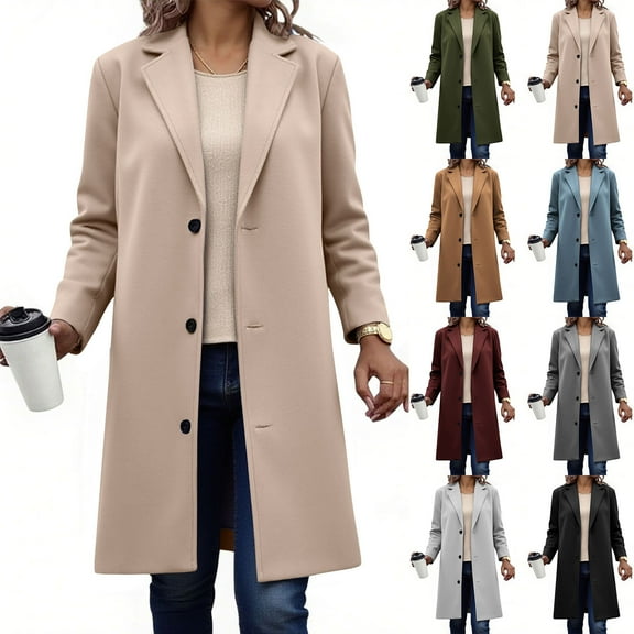 Horkkom Pea Coats for Women Button Down Long Winter Coats Solid Color Loose Fleece Jacket L