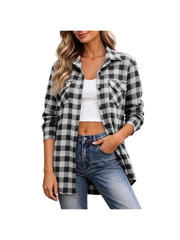 Plaid Print Shirts for Women Cotton Button Down Flannel Lapel Shirts Comfortable Fall Tops with Pockets M