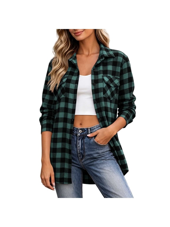 Plaid Print Shirts for Women Cotton Button Down Flannel Lapel Shirts Comfortable Fall Tops with Pockets M
