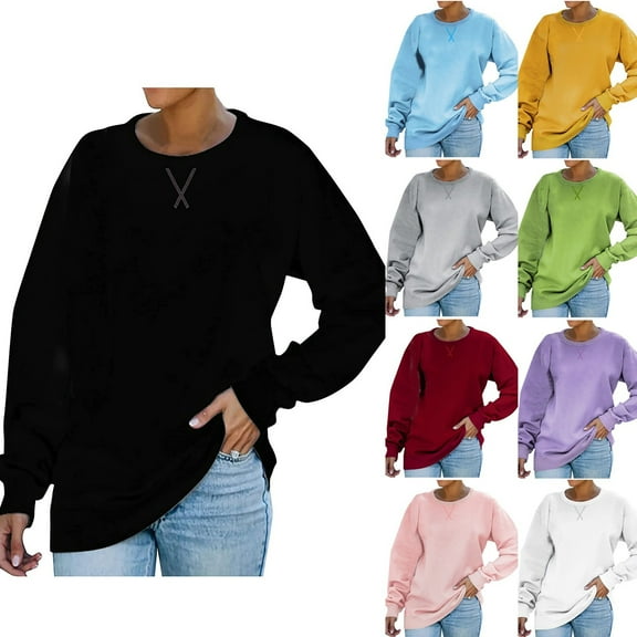 Horkkom Plain Sweatshirt Women Pullover Crewneck Sweatshirts Solid Color Lightweight Sweatshirts, Gifts for Women