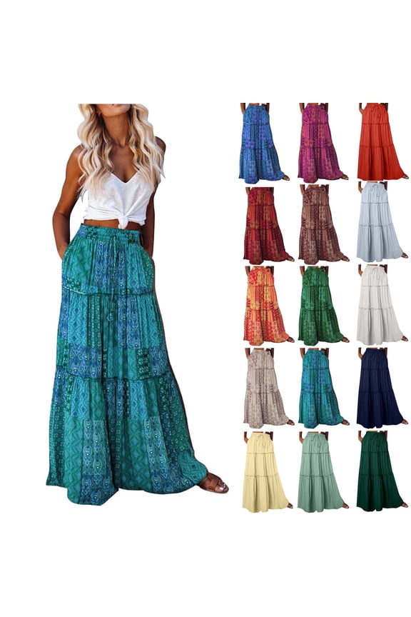 Pleated Skirts for Women Floral Print High Waist Maxi Skirts Summer Causal Loose Boho Skirts S