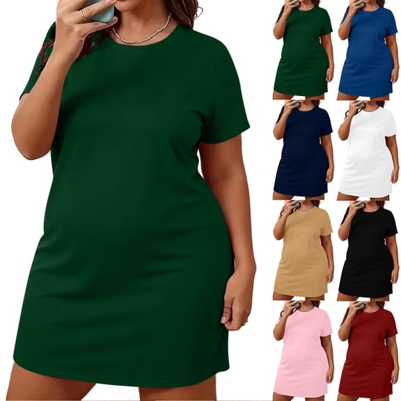 Horkkom Plus Size Dresses for Women Summer Mini Short Sleeve Tshirt Dress Casual Comfy Solid Color Sundresses L