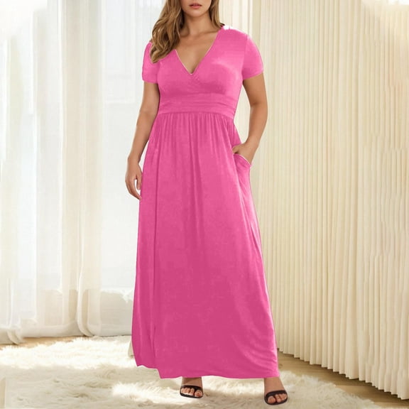Horkkom Plus Size Dresses for Women Summer V Neck Short Sleeve Maxi Dresses Casual Pleated A Line Dresses with Pockets XL, Gifts for Women