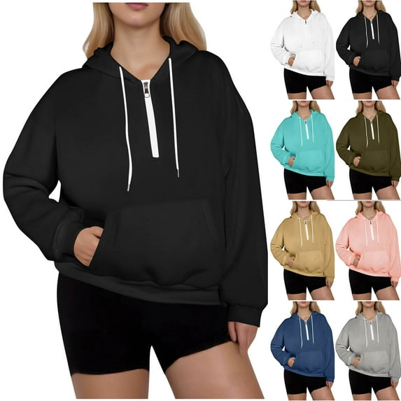 Horkkom Plus Size Hoodies for Women Drawstring Quarter Zip Pullover Solid Color Oversized Sweatshirts with Pocket XXL