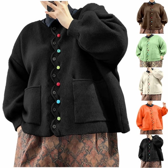 Horkkom Plus Size Sweaters for Women Long Sleeve Button Up Cardigans Sweaters Casual Loose Button Down Sweaters with Pockets XXL