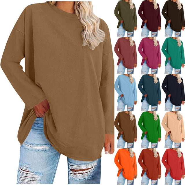 Horkkom Plus Size Tops for Women Crewneck Solid Color Long Sleeve Shirts Casual Loose Tunic Tops XXL
