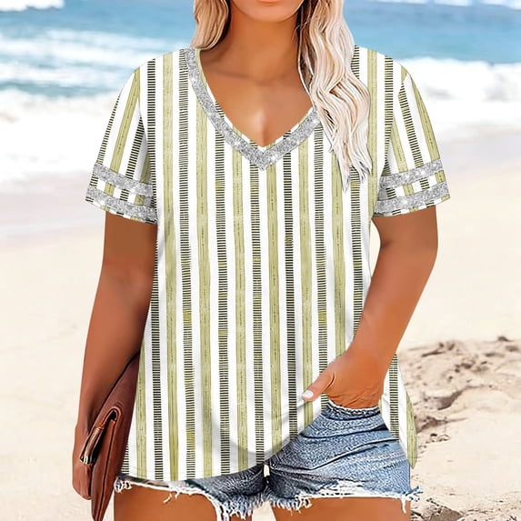 Horkkom Plus Size Tops for Women Spring Summer V Neck Short Sleeve Tops Striped Print Loose Casual Tops S
