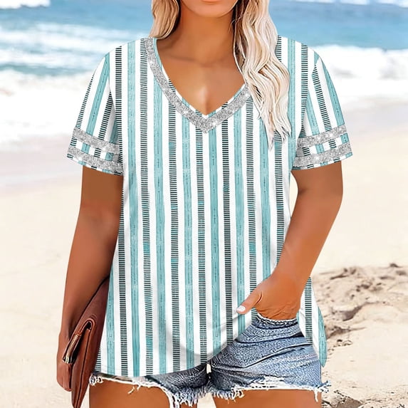 Horkkom Plus Size Tops for Women Spring Summer V Neck Short Sleeve Tops Striped Print Loose Casual Tops XXXL