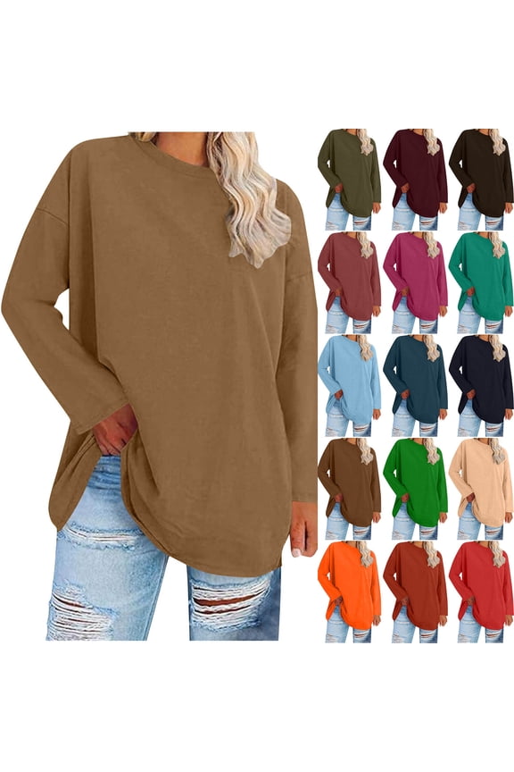 Plus Size Tunic Tops for Women Crewneck Solid Color Long Sleeve Shirts Casual Loose Plus Size Blouses XXL
