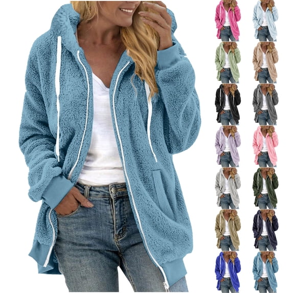 Horkkom Plus Size Winter Coats for Women Fleece Fuzzy Zip Up Hoodie Warm Soft Jackets with Pockets Drawstring L