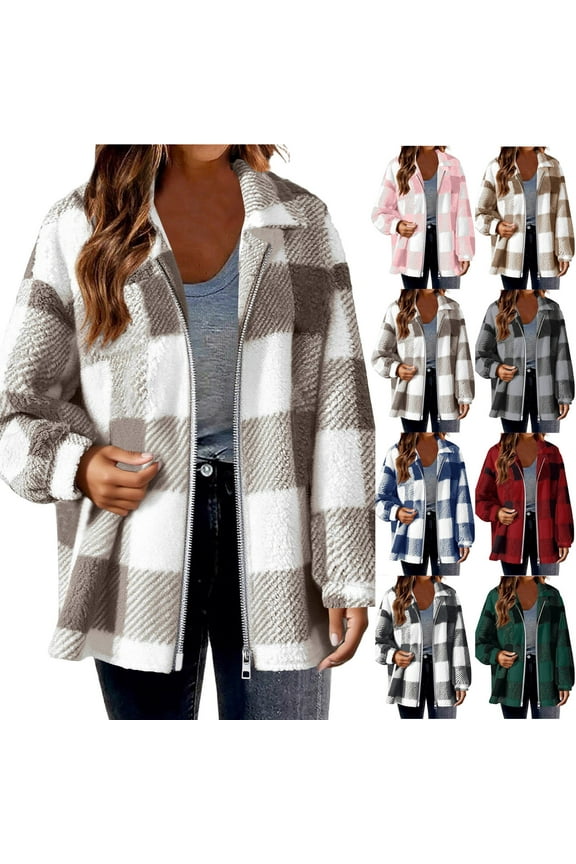 Plus Size Winter Coats for Women Shacket Fleece Fuzzy Zip Up Jackets Casual Loose Flannel Jacket XXXL