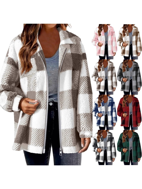 Plus Size Winter Coats for Women Shacket Fleece Fuzzy Zip Up Jackets Casual Loose Flannel Jacket XXXXL