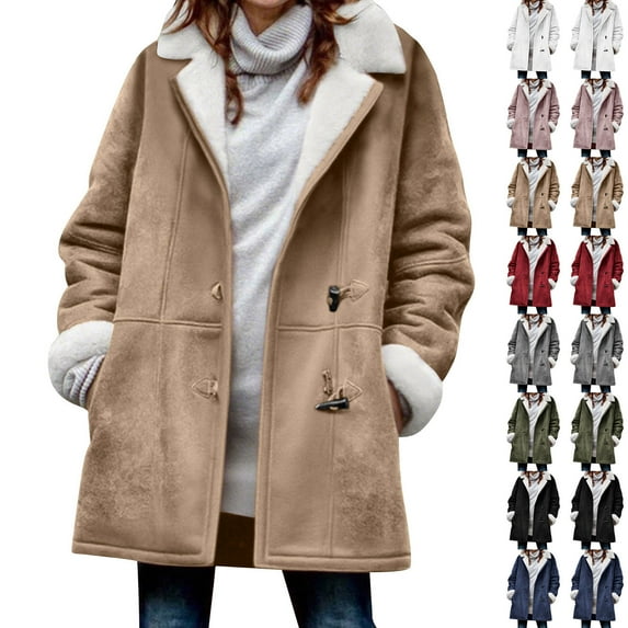 Horkkom Plus Size Winter Coats for Women Solid Color Button Fleece Jacket Warm Long Sleeve Jackets with Pockets XL