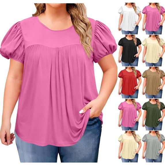Horkkom Puff Sleeve Tops for Women Plus Size Summer Trendy Short Sleeve Shirts Casual Loose Crew Neck Solid Color Blouses L