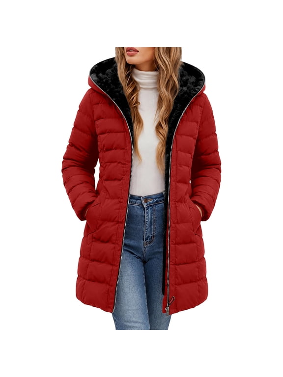 Puffer Jacket Womens Zip Up Fleece Hooded Jackets Warm Long Winter Coats with Pockets M, Gifts for Women