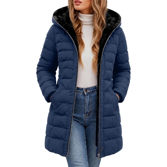 Horkkom Puffer Jacket Womens Zip Up Fleece Hooded Jackets Warm Long Winter Coats with Pockets XXXL, Gifts for Women