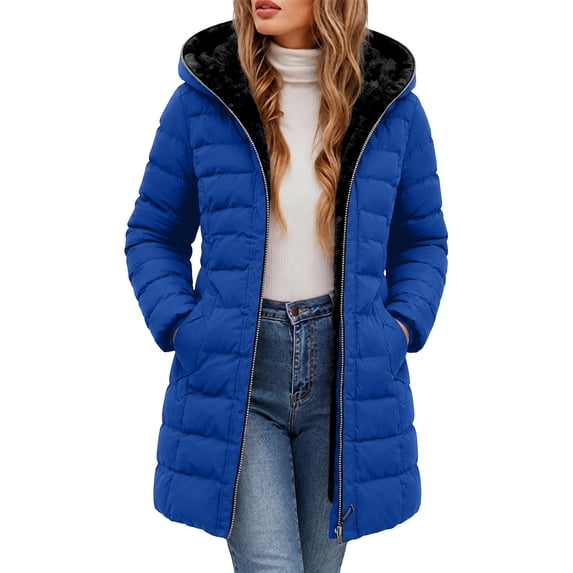 Horkkom Puffer Jacket Womens Zip Up Fleece Hooded Jackets Warm Long Winter Coats with Pockets XXXL, Gifts for Women