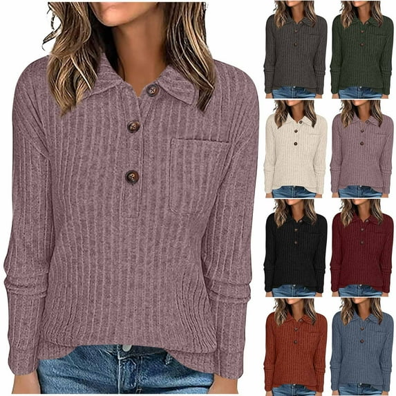 Horkkom Pullover Sweaters for Women Button V Neck Long Sleeve Sweaters Fall Winter Knit Sweater with Pocket M, Gifts for Women