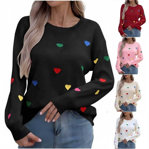 Horkkom Pullover Sweaters for Women, Heart Print Valentines Day Sweaters, Long Sleeve Crewneck Heart Sweater M, Gifts for Women