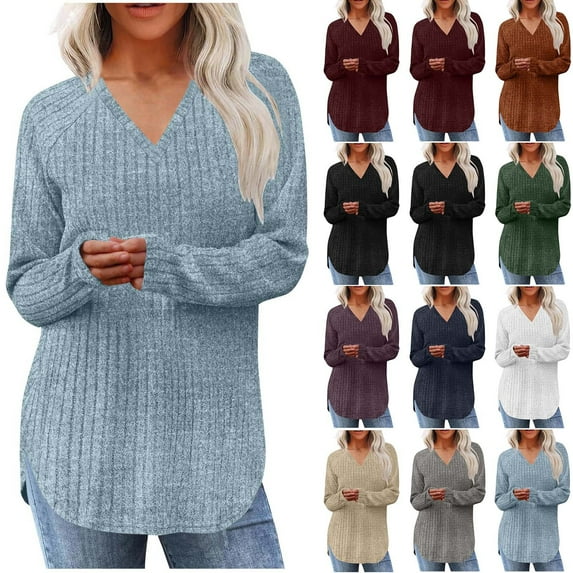 Horkkom Pullover Sweaters for Women Long Sleeve V Neck Casual Tops Fall Solid Color Sweaters L, Gifts for Women