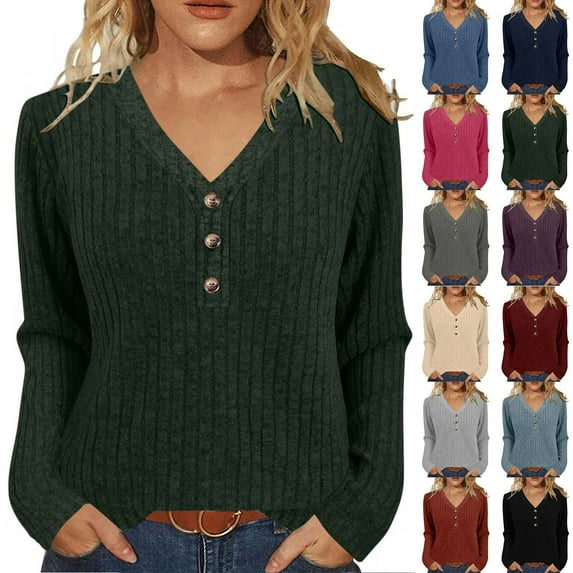 Horkkom Pullover Sweaters for Women Long Sleeve V Neck Sweaters Solid Color Button Cozy Sweaters L