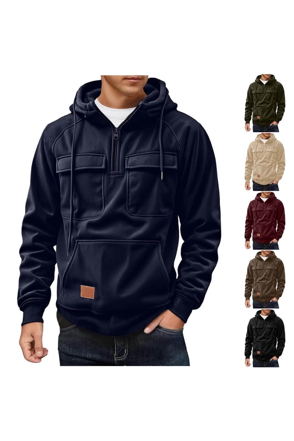 Quarter Zip Pullover Men Long Sleeve Drawstring Hoodies Causal Corduroy Sweatshirts with Pockets L