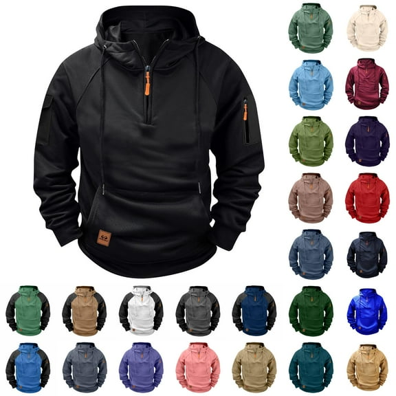 Horkkom Quarter Zip Pullover Men Long Sleeve Drawstring Hoodies Causal Loose Sweatshirts with Pockets L