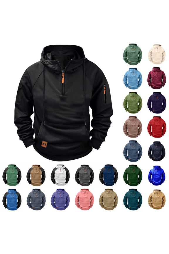 Quarter Zip Pullover Men Long Sleeve Drawstring Hoodies Causal Loose Sweatshirts with Pockets L