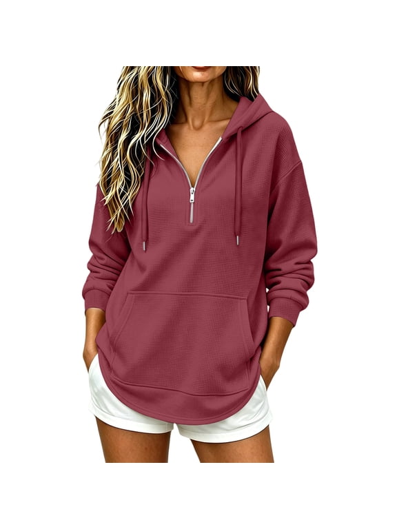 Quarter Zip Pullover Sweatshirts Women Solid Color Tunic Hoodies Casual Trendy Sweatshirt M