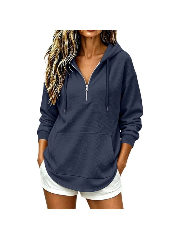 Quarter Zip Pullover Sweatshirts Women Solid Color Tunic Hoodies Casual Trendy Sweatshirt XXL