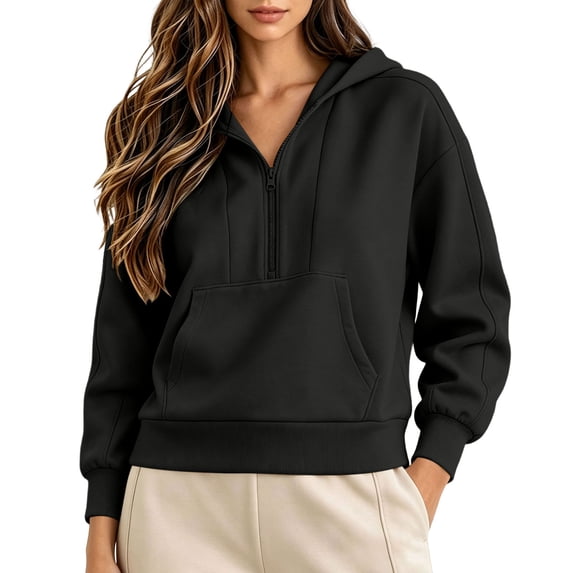 Horkkom Quarter Zip Pullover Women Casual Baggy Daily Tops Solid Color Drawstring Fall Hoodie with Pockets L
