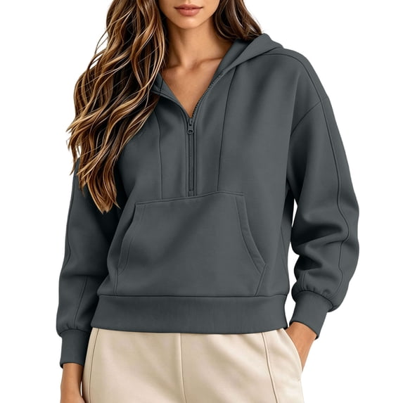 Horkkom Quarter Zip Pullover Women Casual Baggy Daily Tops Solid Color Drawstring Fall Hoodie with Pockets XXL