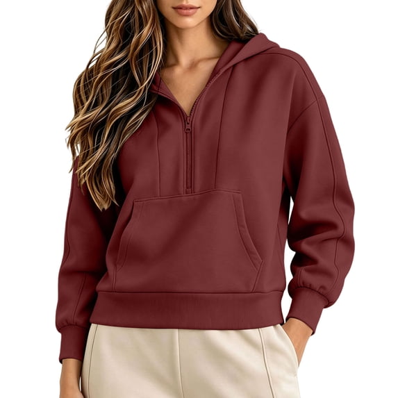 Horkkom Quarter Zip Pullover Women Casual Baggy Daily Tops Solid Color Drawstring Fall Hoodie with Pockets XXXL