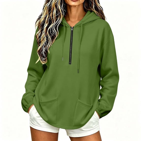 Horkkom Quarter Zip Pullover Women Casual Fall Winter Sweatshirts Loose Drawstring Hoodie with Pockets L